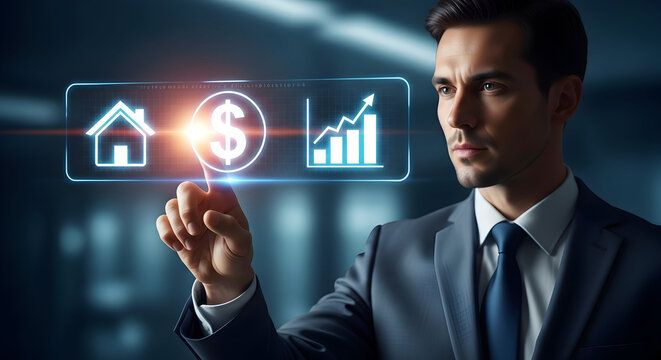 Executive interacting with futuristic digital interface for real estate, finance, and business growth management