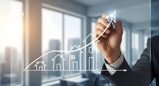 Real Estate Market Growth: Hand Drawing Rising Property Value Graph with House Icons - Powered by Adobe