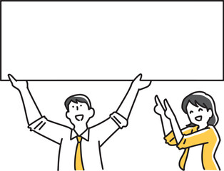 ボードを持つ男と笑顔で案内する女性