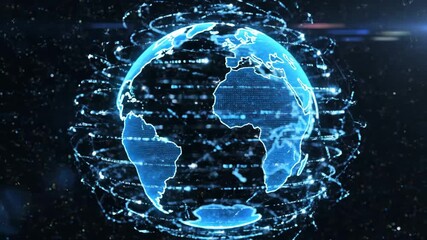 Digital Globe with Data Network - A digital video of the Earth, depicted as a glowing blue globe overlaid with a data network. - Powered by Adobe