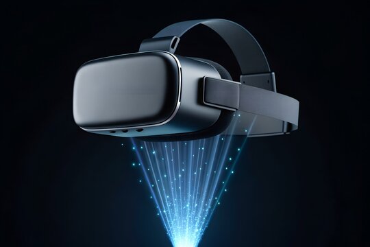 Virtual Reality Headset Floating with Blue Light Beams – Immersive Tech, Futuristic Design, Dark Background Scene, Conceptual