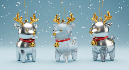 Three cute reindeer christmas ornaments with golden antlers and red collars hanging against a soft blue snowy background