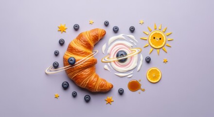 Creative food flat lay with croissant, blueberry planets, and orange sun creates a vibrant, whimsical space breakfast concept for kids and adults alike