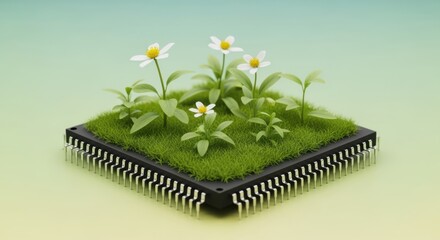 Eco-Friendly Tech Concept with Daisies Blooming on a Computer Chip - Sustainable Technology and Green Computing Solutions for a Better Future