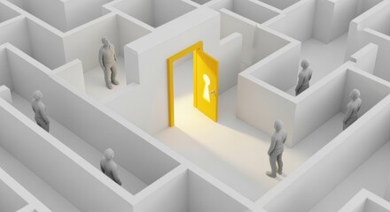 Discover Your Path: People Navigating a Maze Toward an Open, Bright, Keyhole Door Offering Hope, Opportunity, and a Solution for Business Success