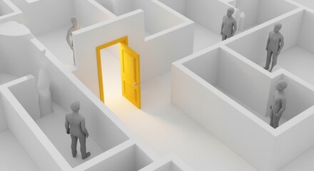 Find the way out with this stunning maze design featuring a vibrant yellow door, perfect for illustrating solutions, escape, and strategic thinking concepts