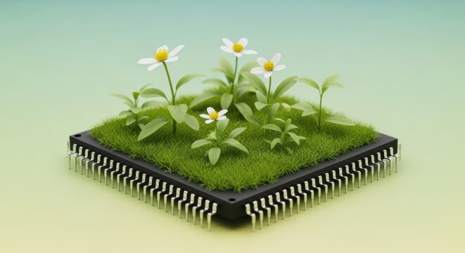 Eco-Friendly Tech Concept with Daisies Blooming on a Computer Chip - Sustainable Technology and Green Computing Solutions for a Better Future