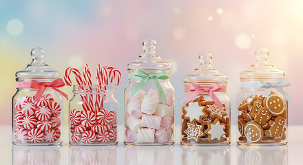 Assortment of christmas candies and cookies in glass jars with ribbons