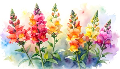 Obraz premium Vibrant Watercolor Snapdragons in Full Bloom.