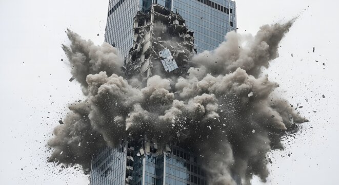 Dramatic Destruction Implosion of High Rise Building Demolition Structure