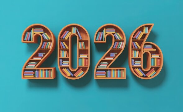 The year 2026 represented as bookshelves filled with books