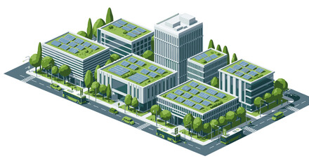 An isometric illustration of a modern city block featuring buildings with green roofs and solar panels, surrounded by trees and streets with vehicles.