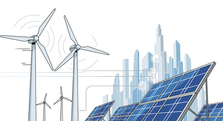 Illustration of renewable energy with wind turbines and solar panels powering a modern city skyline. © Jangkrik