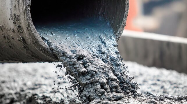 Flowing concrete mix from pipe in construction site showcasing the process of building and industrial applications during fresh material delivery for projects