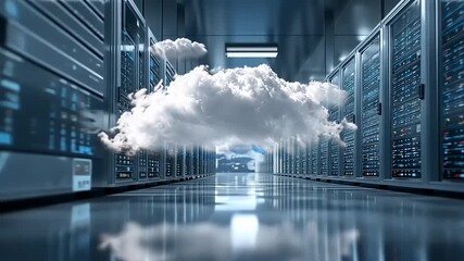 Cloud computing concept with a floating cloud above server racks in a modern data center environment - Powered by Adobe