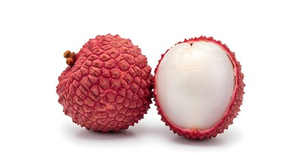 Fresh Lychee Fruit (Litchi chinensis) Whole and Partially Peeled Isolated