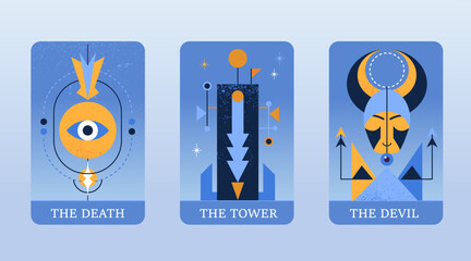 Tarot cards featuring Death, Tower, and Devil, illustrated in modern style with blue tones and geometric shapes, evoke mystery and intrigue