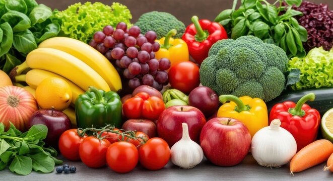 Abundant assortment of fresh colorful fruits and vegetables - Powered by Adobe