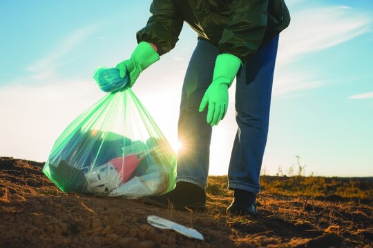 Person wearing gloves collecting trash in a plastic bag outdoors