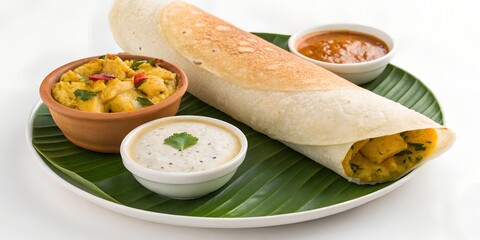 South Indian masala dosa filled with spiced potato, served with coconut chutney and sambar bowl beside