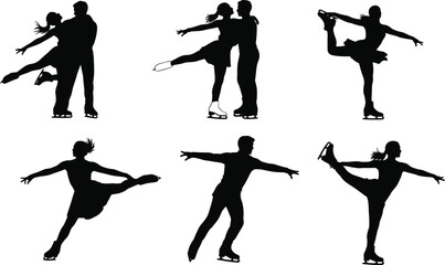 Silhouette figure skaters performing graceful ice dance poses and athletic movements isolated on white background vector illustration for winter sports design