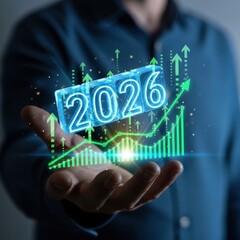 Hand holding a glowing 2026 digital display with an upward trending financial chart.