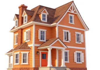 Detailed victorian style dollhouse with orange siding isolated on transparent background