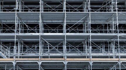 Detailed Overview of Scaffolding Structure on Construction Site with Multiple Levels and Steel Framework for Building Renovation Work