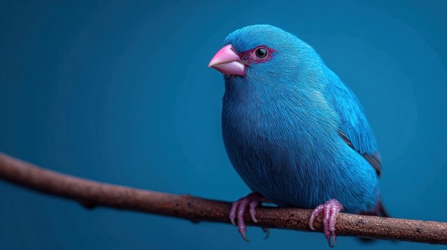 A vibrant blue bird perched on a branch against a blue background.