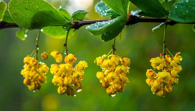 Vibrant yellow flowers hanging from a green branch. - Powered by Adobe