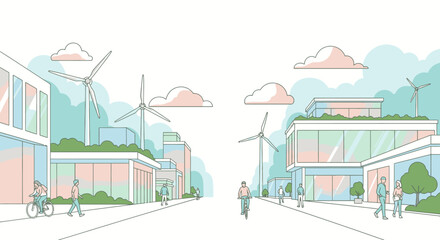 A modern, eco-friendly city street with wind turbines and green buildings, showcasing sustainable urban living.