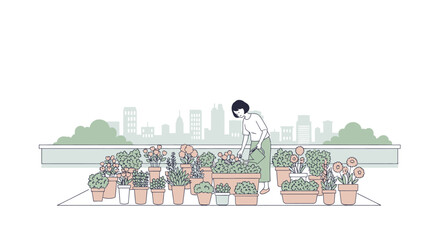 Woman tending to potted plants on a rooftop garden with a city skyline in the background.