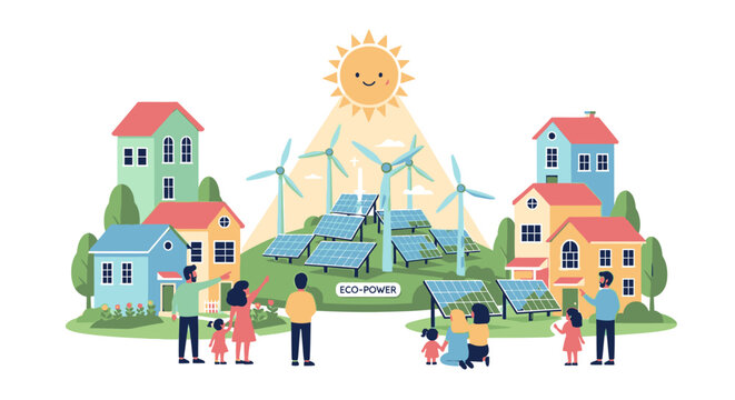 A cartoon illustration of a sustainable community powered by solar panels and wind turbines, with happy people and houses under a smiling sun.