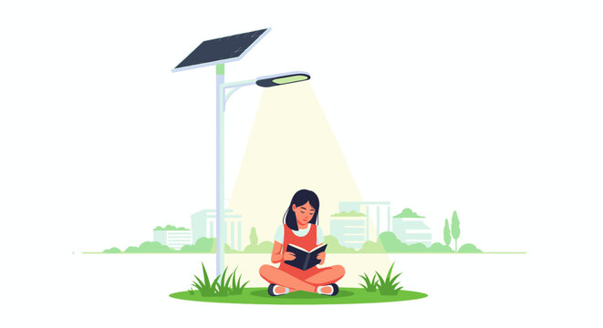Illustration of a woman reading under a solar-powered street light in a park.