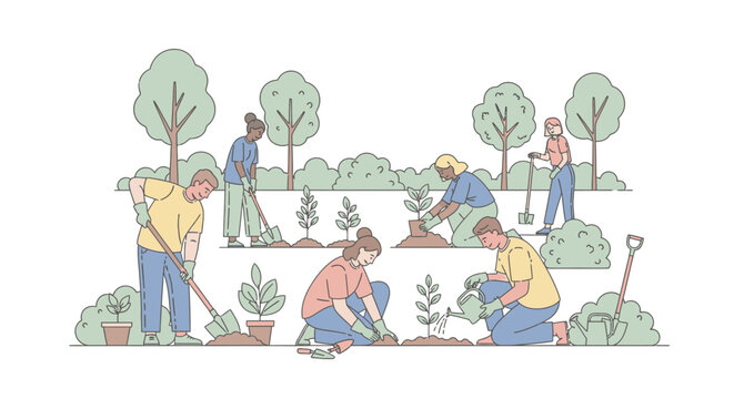 A diverse group of people are actively engaged in planting trees and gardening in a lush green outdoor setting.