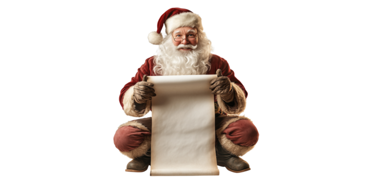 Santa Claus holding a blank scroll isolated on a transparent background