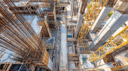 Detailed Aerial View of Construction Site with Framework, Machinery, and Foundations Under Development in Urban Setting