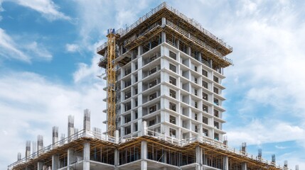 Modern Construction Site Featuring High-Rise Building Under Development with Crane and Blue Sky in Background