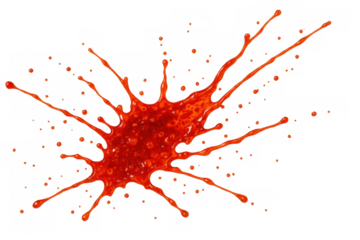Red liquid splatter spreading drops, creating an abstract messy stain pattern on transparent background