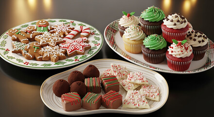 A festive assortment of christmas cookies, cupcakes, and chocolates arranged on platters for a holiday treat