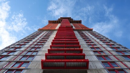 Modern Architectural Building under Construction with Red Accents and Blue Sky Background Showcasing Urban Development and Design Innovation