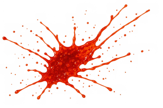 Red liquid splatter spreading drops, creating an abstract messy stain pattern on transparent background
