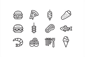Street food and dining line art symbols for delivery, kitchen, and culinary branding
