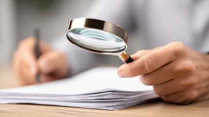 A person holding a magnifying glass over a stack of papers.