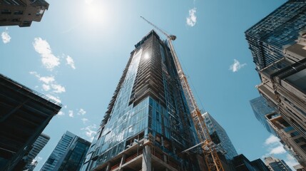 Modern skyscraper under construction with crane against blue sky and clouds in urban environment showcasing architectural development and progress