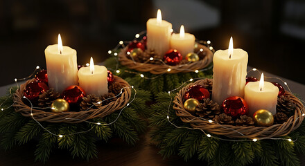 Three glowing candles on rustic wreaths with pine needles, pinecones, and red ornaments, illuminated by fairy lights