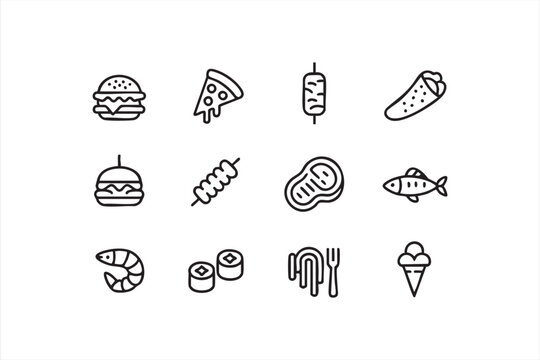 Minimal vector symbols of pizza, burger, and sushi for food industry concepts