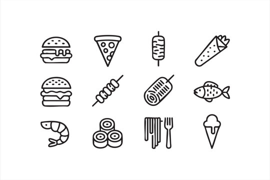 Fast food and meal line icons set for restaurant and delivery design projects