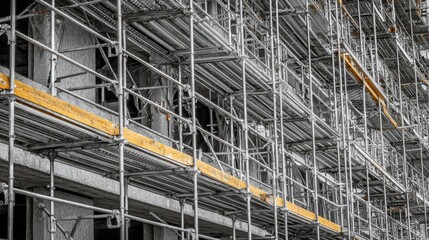 Industrial scaffolding structure with metal frames and wooden planks in a construction zone highlighting safety and building processes in urban environment