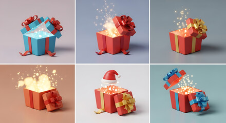 Surprise gift box with glowing magical particles and ribbon, festive holiday celebration concept
